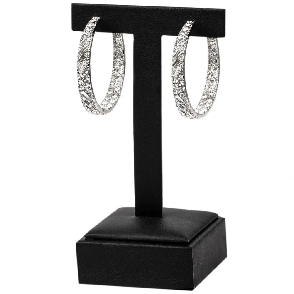 NWT Boutique Silver Diamond Rhinestone Hoop Earrings - Fashion Jewelry - Picture 3 of 4